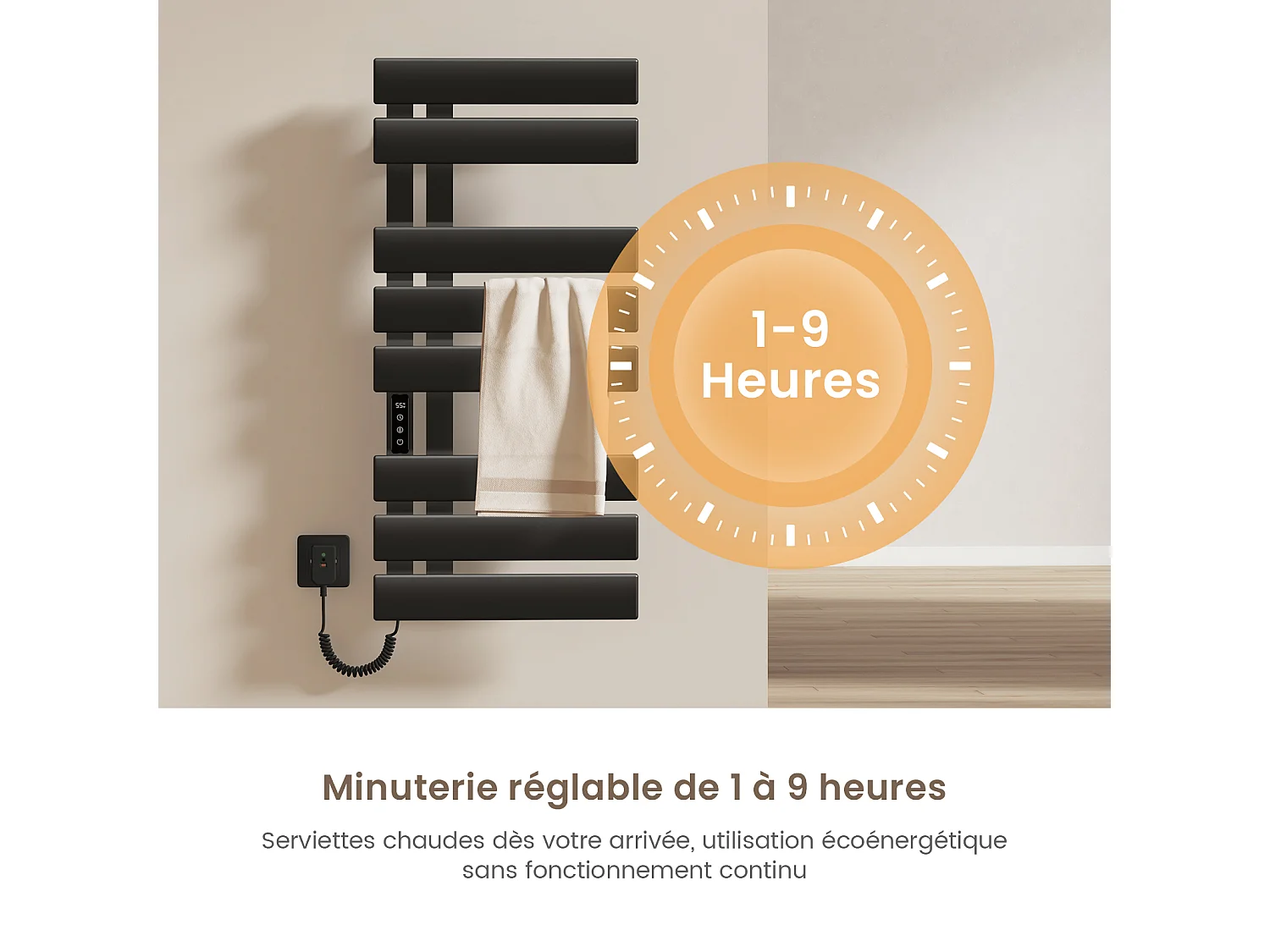 EMKE Elektrische handdoekradiator zwart WiFi 85x40cm 230W carbon LCD-scherm app-bediening asymmetrisch