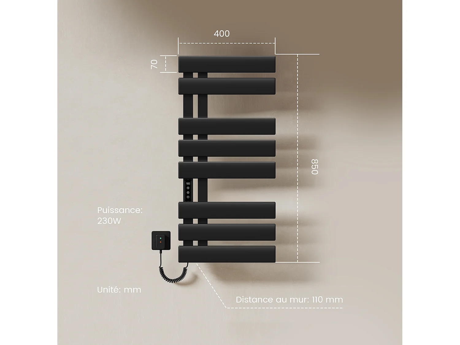 EMKE Elektrische handdoekradiator zwart WiFi 85x40cm 230W carbon LCD-scherm app-bediening asymmetrisch
