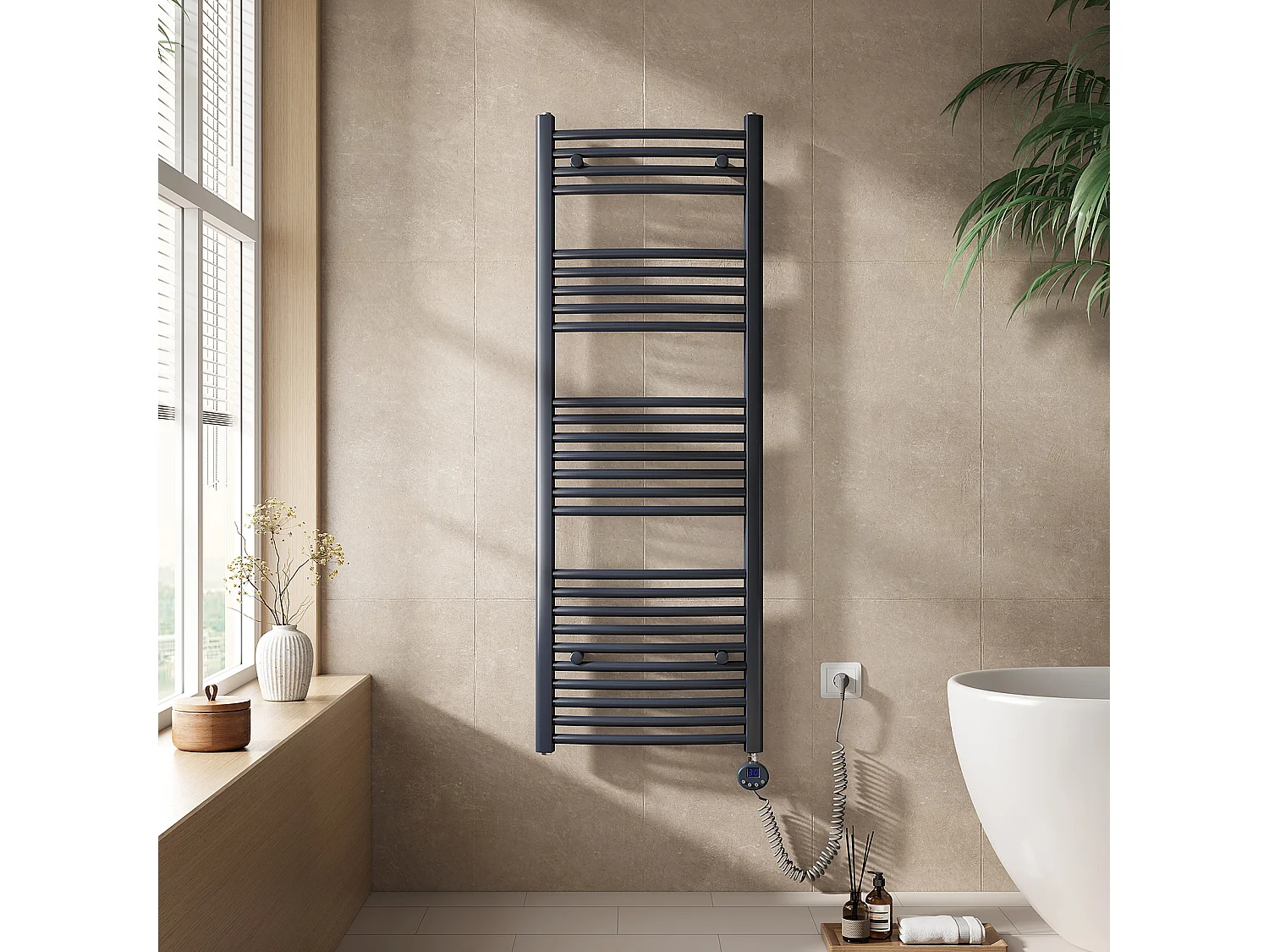 EMKE Elektrische handdoekradiator antraciet WiFi 140x50cm 600W IP44 thermostaat Tuya app smart life home