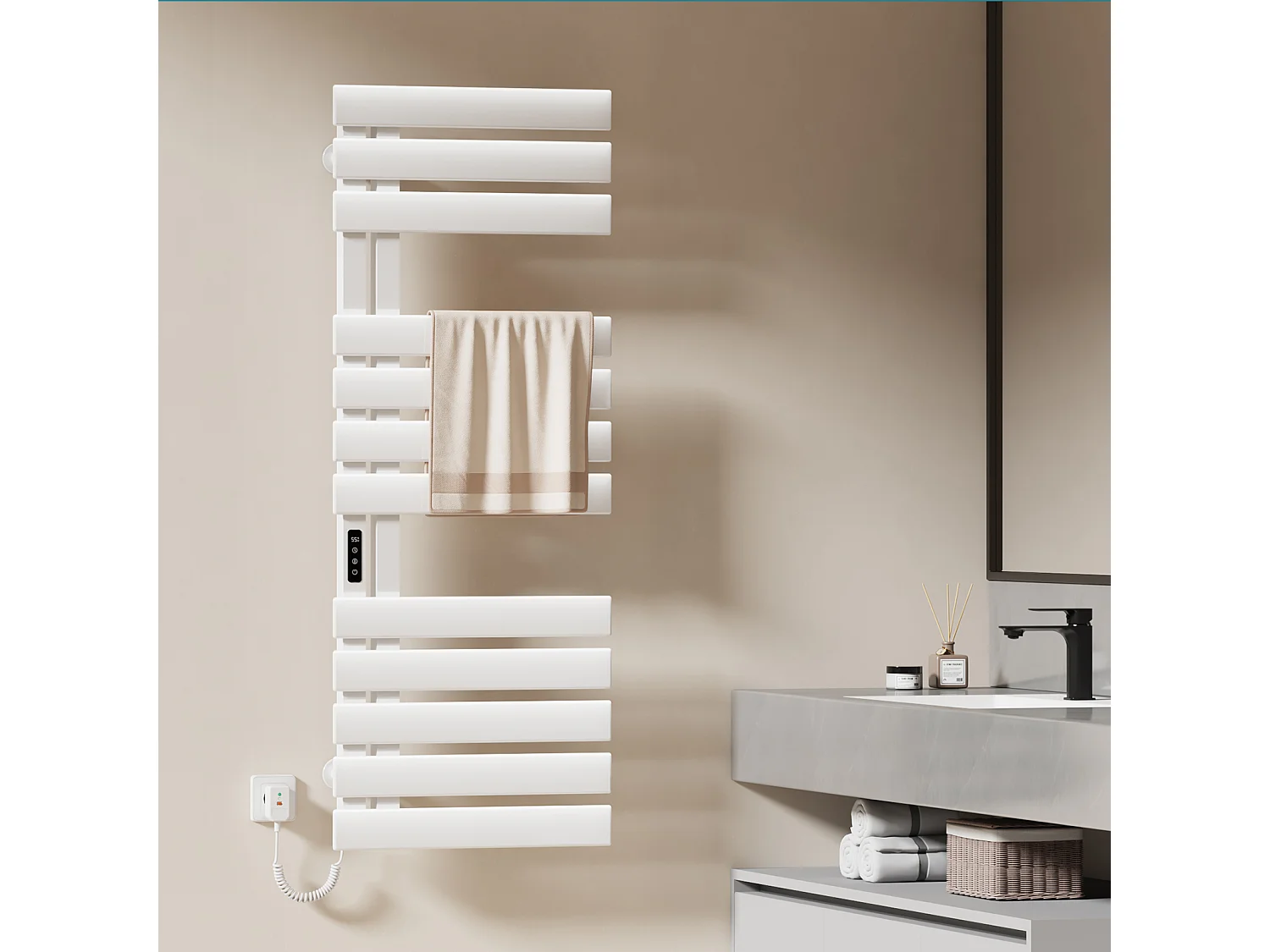 EMKE Elektrische handdoekradiator wit WiFi 130x50cm 440W carbon LCD-scherm app-bediening asymmetrisch