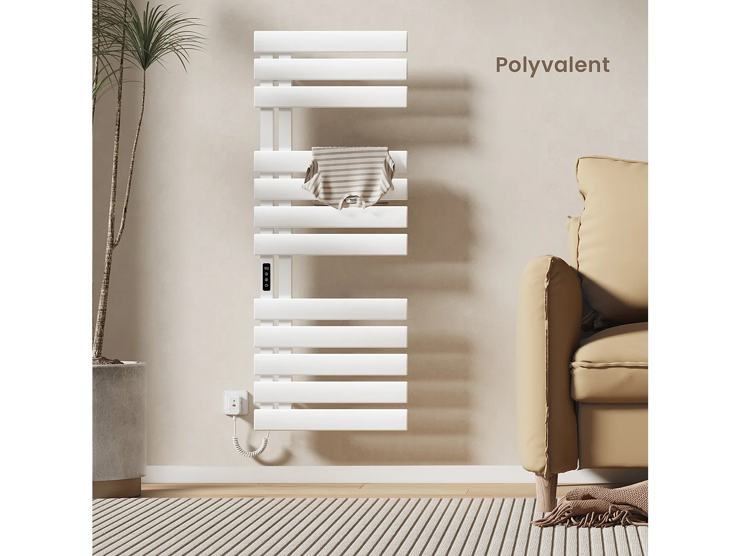 EMKE Elektrische handdoekradiator wit WiFi 130x50cm 440W carbon LCD-scherm app-bediening asymmetrisch