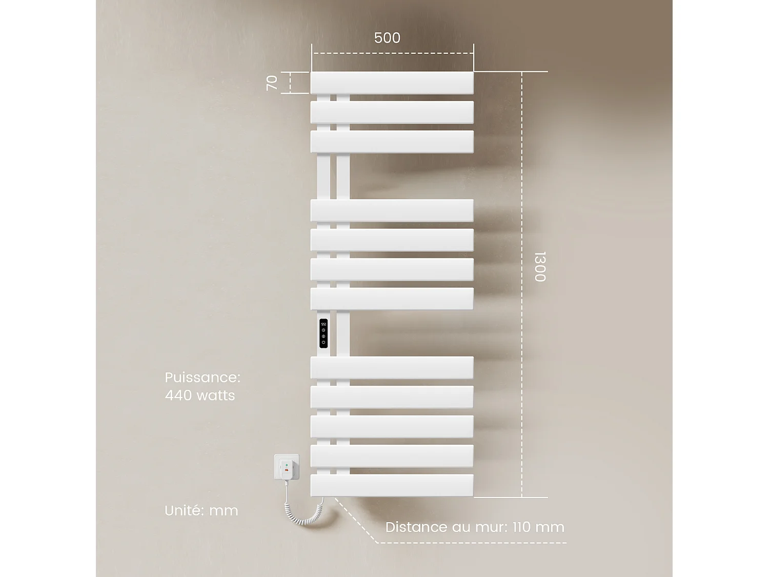 EMKE Elektrische handdoekradiator wit WiFi 130x50cm 440W carbon LCD-scherm app-bediening asymmetrisch