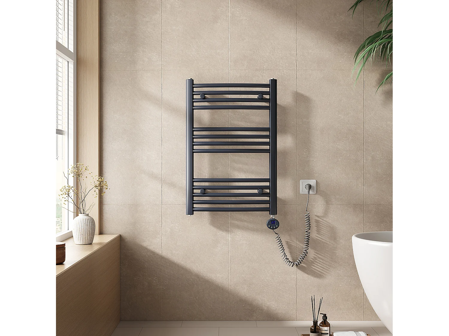 EMKE Elektrische handdoekradiator antraciet WiFi 75x50cm 300W IP44 thermostaat Tuya app smart life home