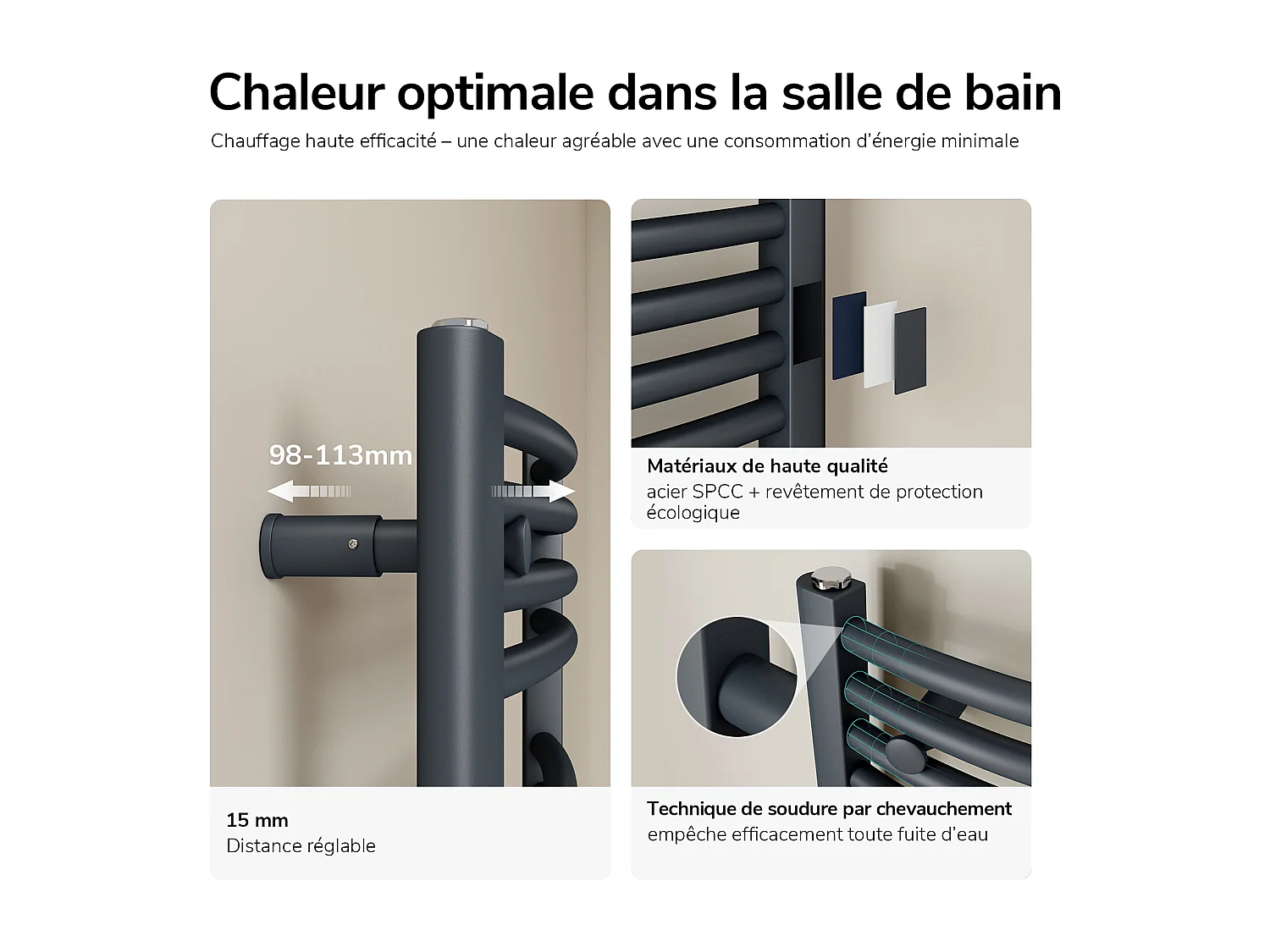 EMKE Elektrische handdoekradiator antraciet WiFi 75x50cm 300W IP44 thermostaat Tuya app smart life home