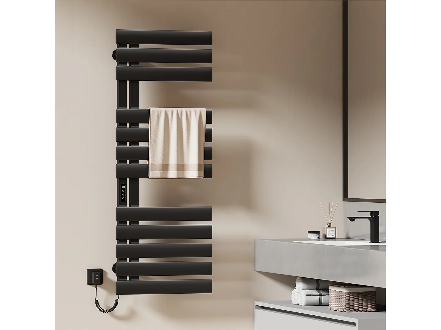 EMKE Elektrische handdoekradiator zwart WiFi 130x50cm 440W carbon LCD-scherm app-bediening asymmetrisch