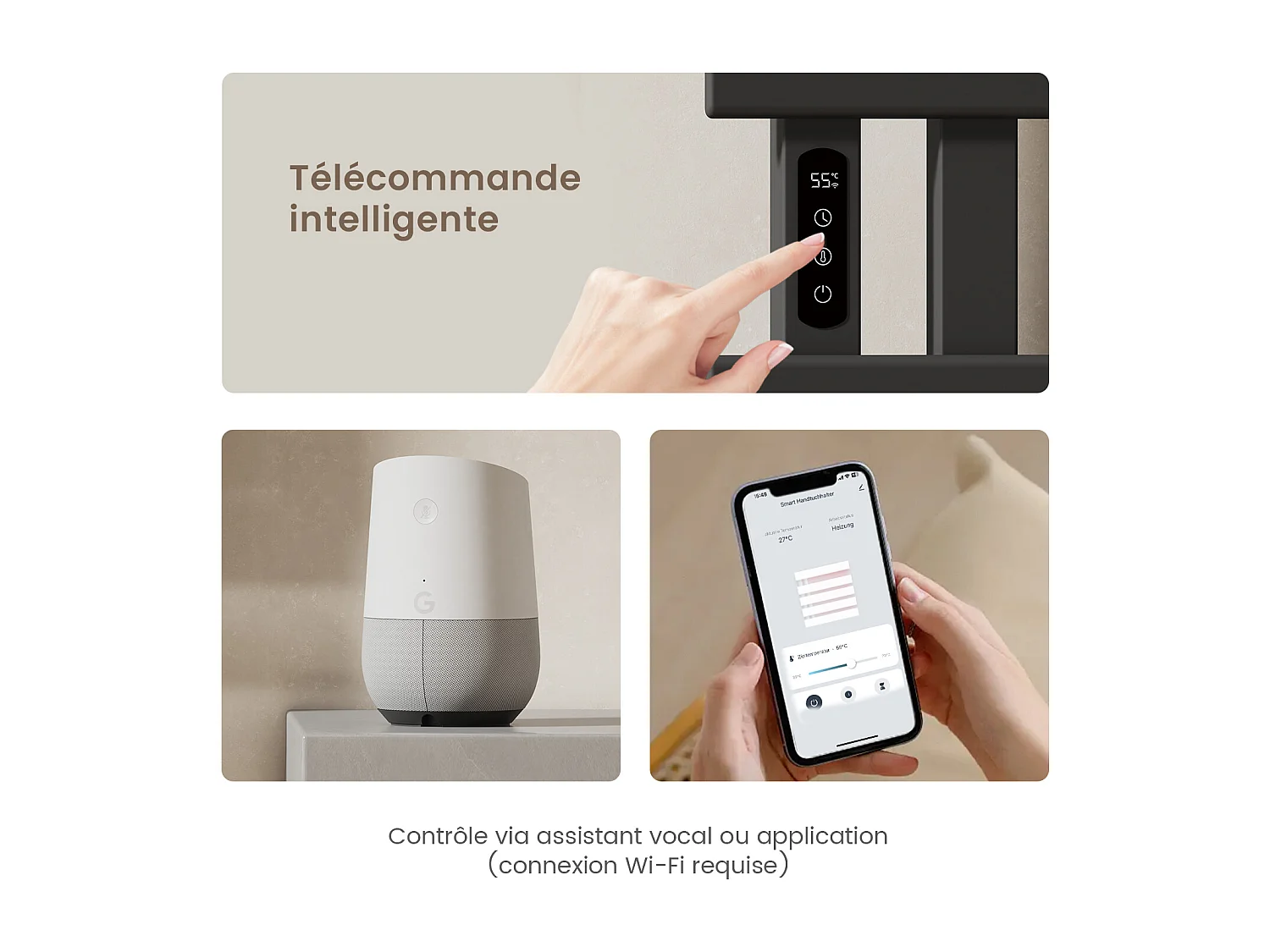 EMKE Elektrische handdoekradiator zwart WiFi 130x50cm 440W carbon LCD-scherm app-bediening asymmetrisch