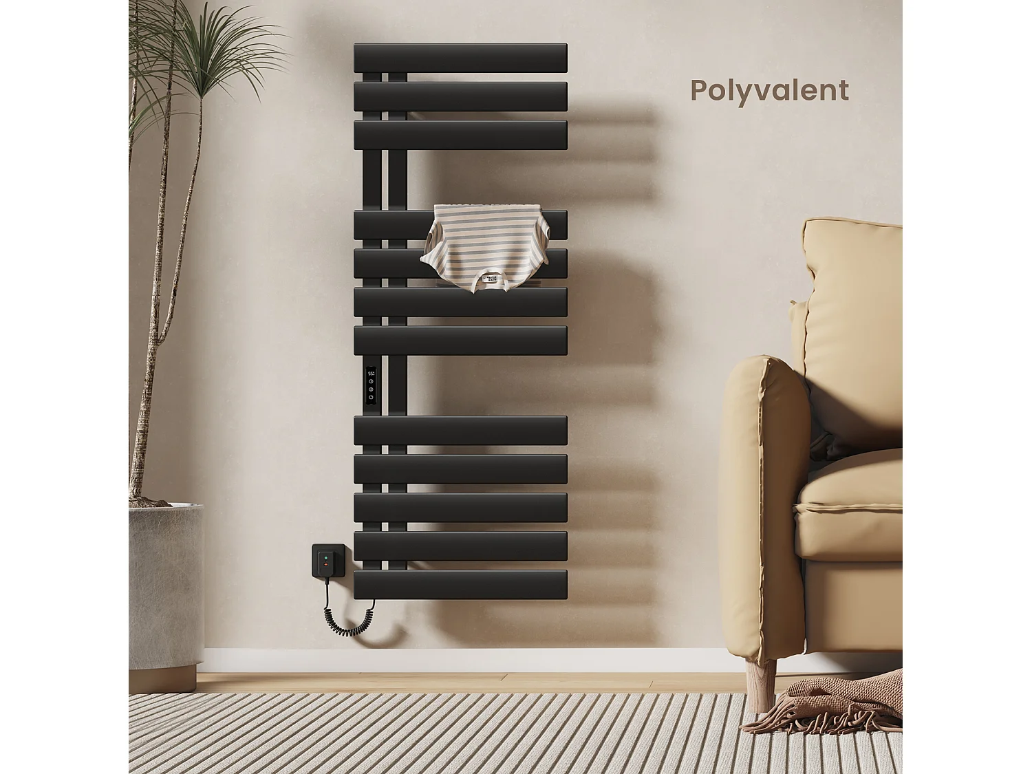 EMKE Elektrische handdoekradiator zwart WiFi 130x50cm 440W carbon LCD-scherm app-bediening asymmetrisch