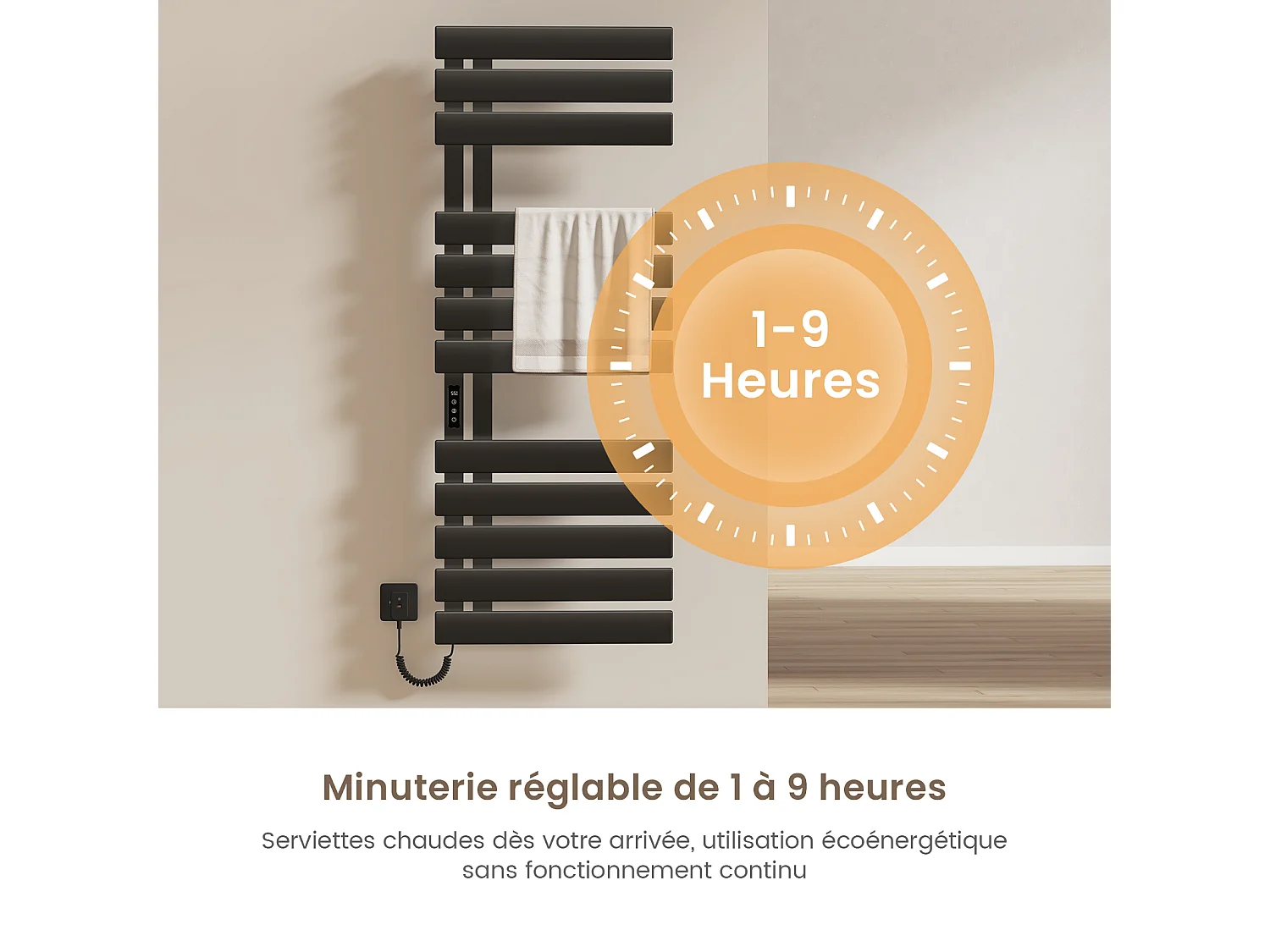 EMKE Elektrische handdoekradiator zwart WiFi 130x50cm 440W carbon LCD-scherm app-bediening asymmetrisch