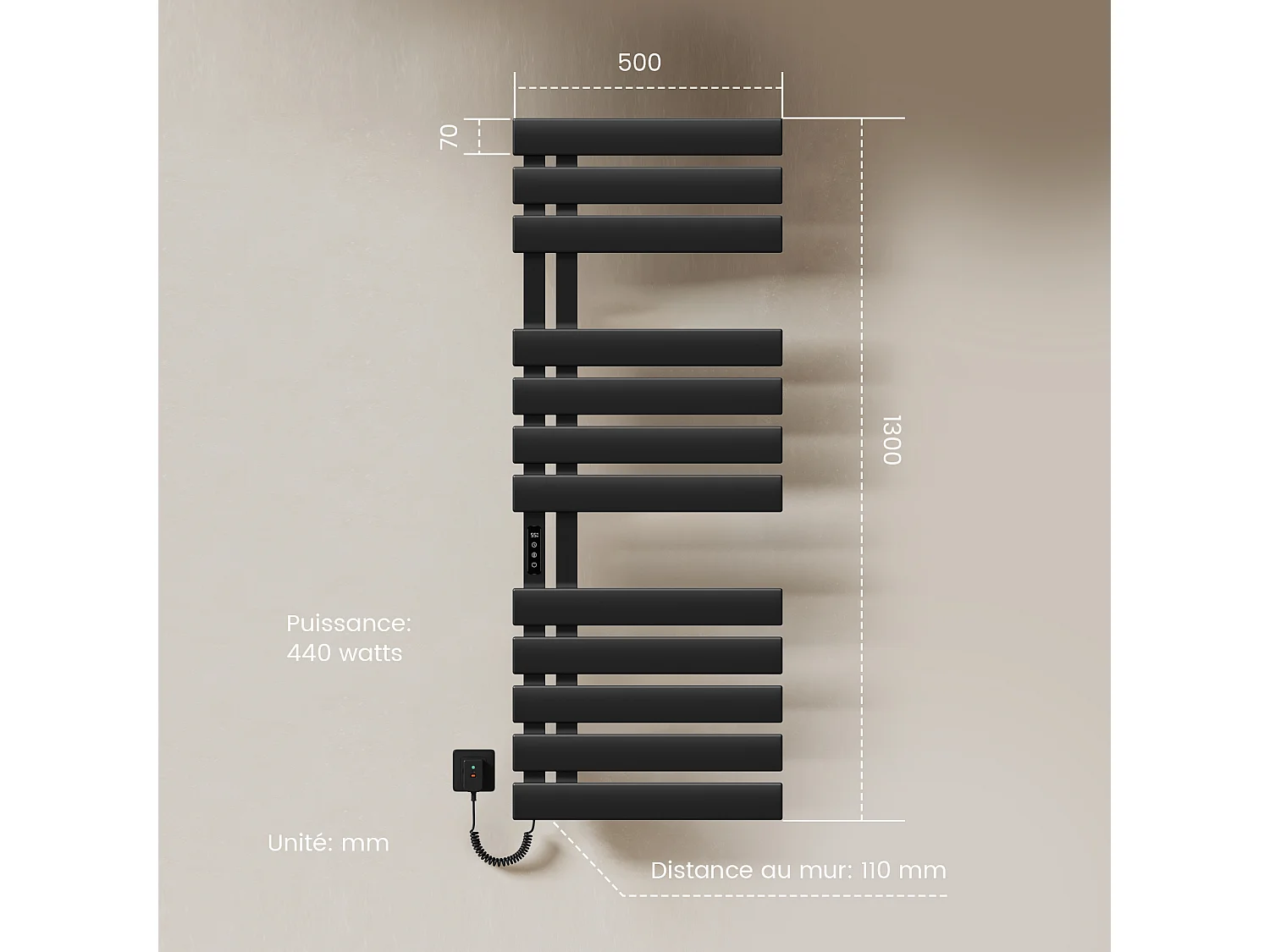 EMKE Elektrische handdoekradiator zwart WiFi 130x50cm 440W carbon LCD-scherm app-bediening asymmetrisch