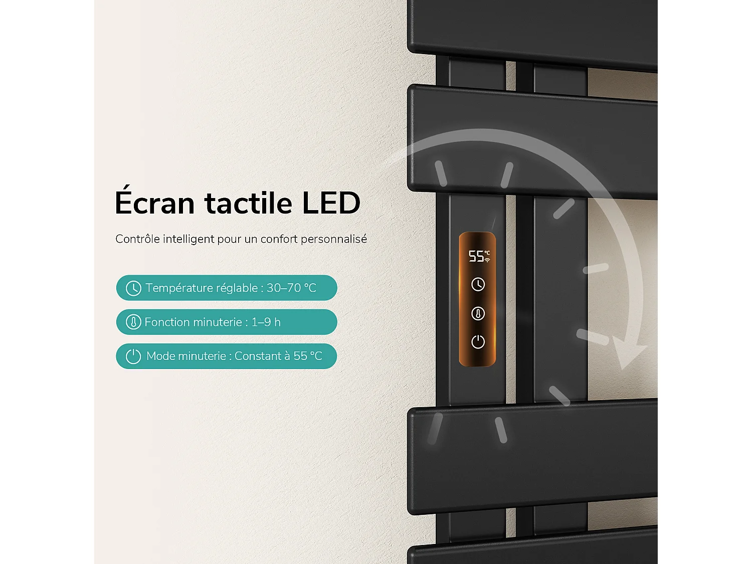 EMKE Sèche-serviettes Électrique Salle de Bain WiFi 1000x500 mm 320W, Noir, Chauffe-serviettes Électrique