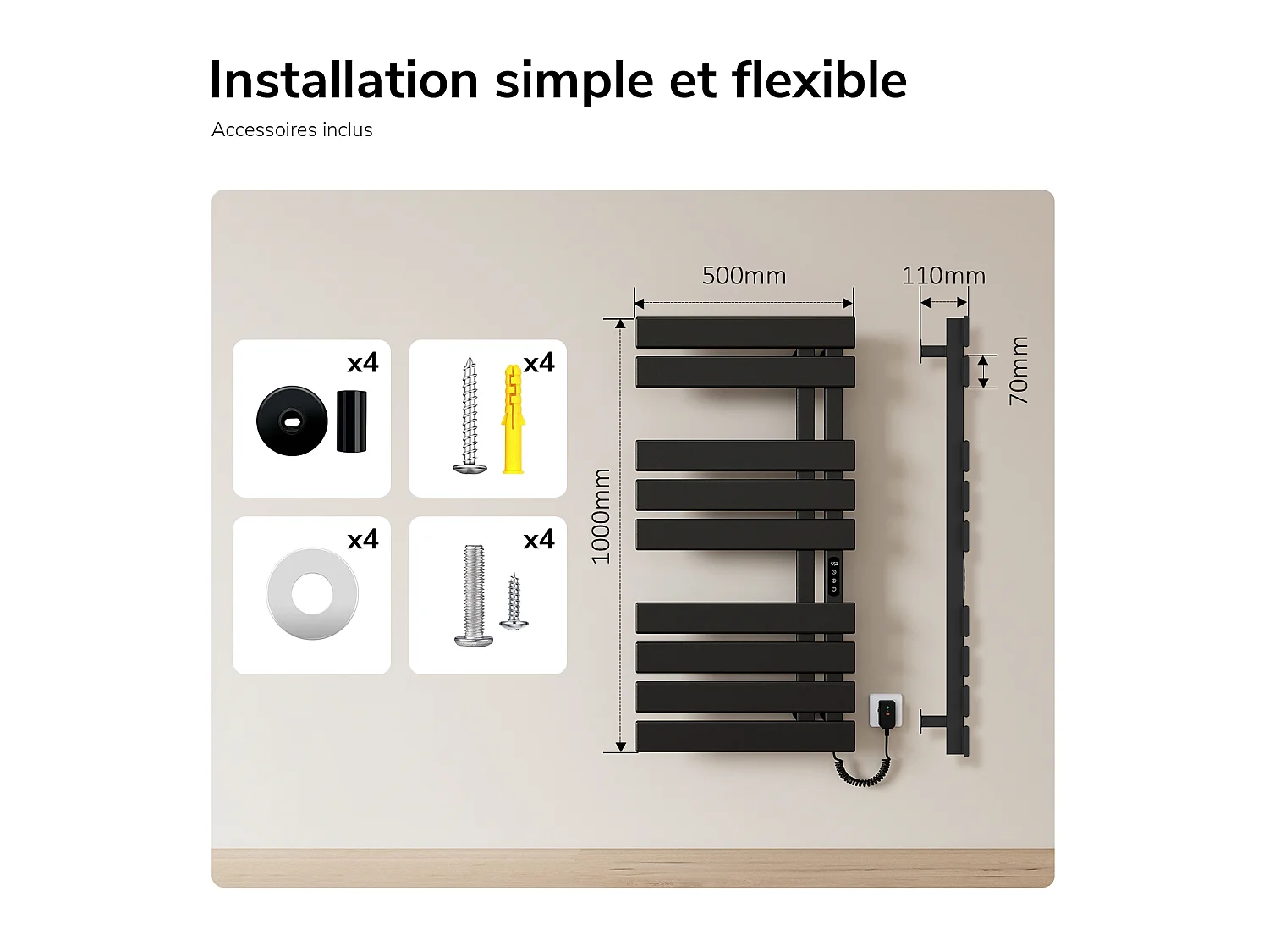 EMKE Sèche-serviettes Électrique Salle de Bain WiFi 1000x500 mm 320W, Noir, Chauffe-serviettes Électrique