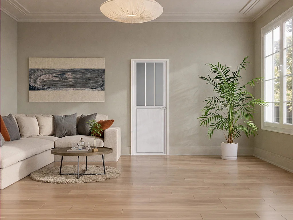 Porta de interior reversível em alumínio e vidro temperado fosco estilo atelier - A204 x C73 cm - Branco - ERMELO