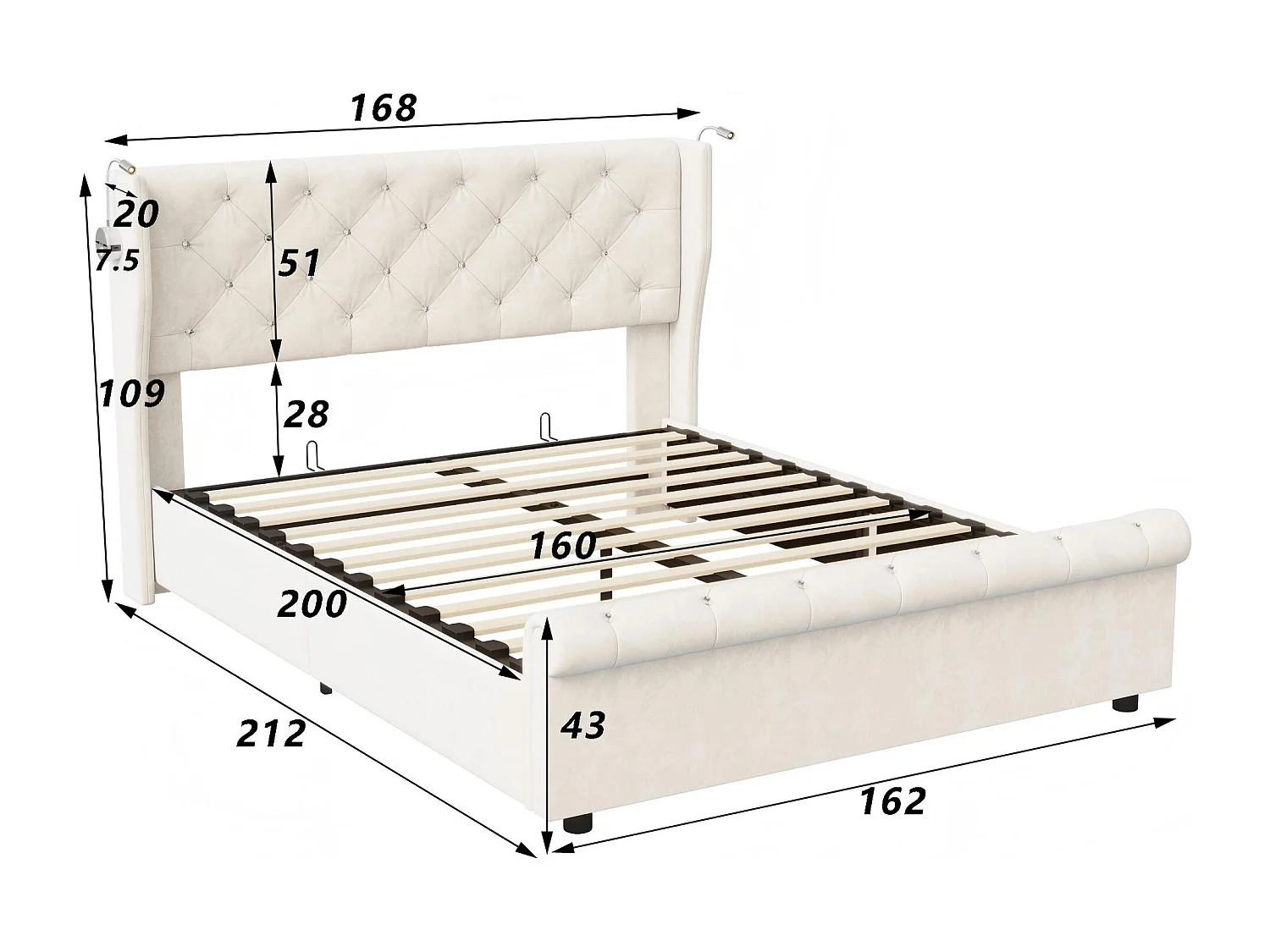 Lit coffre 160x200 cm avec tête de lit - Lampes LED - Velours beige - Port USB - Sommier à lattes et espace de rangement hydraulique