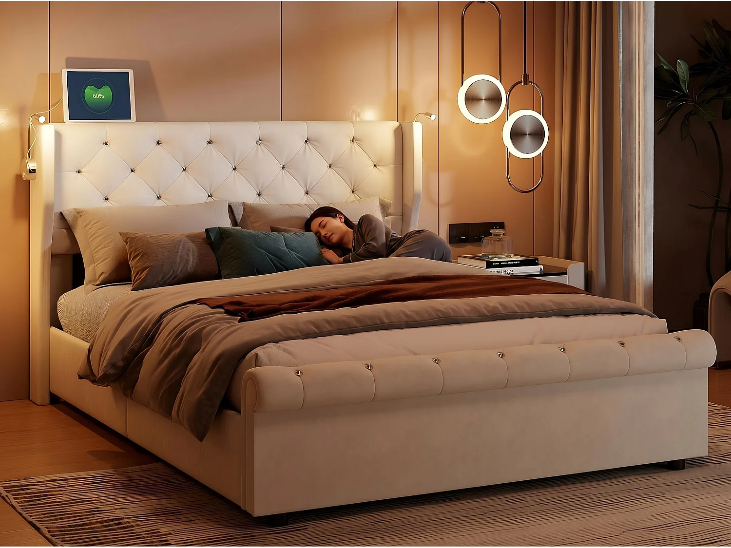 Lit coffre 160x200 cm avec tête de lit - Lampes LED - Velours beige - Port USB - Sommier à lattes et espace de rangement hydraulique