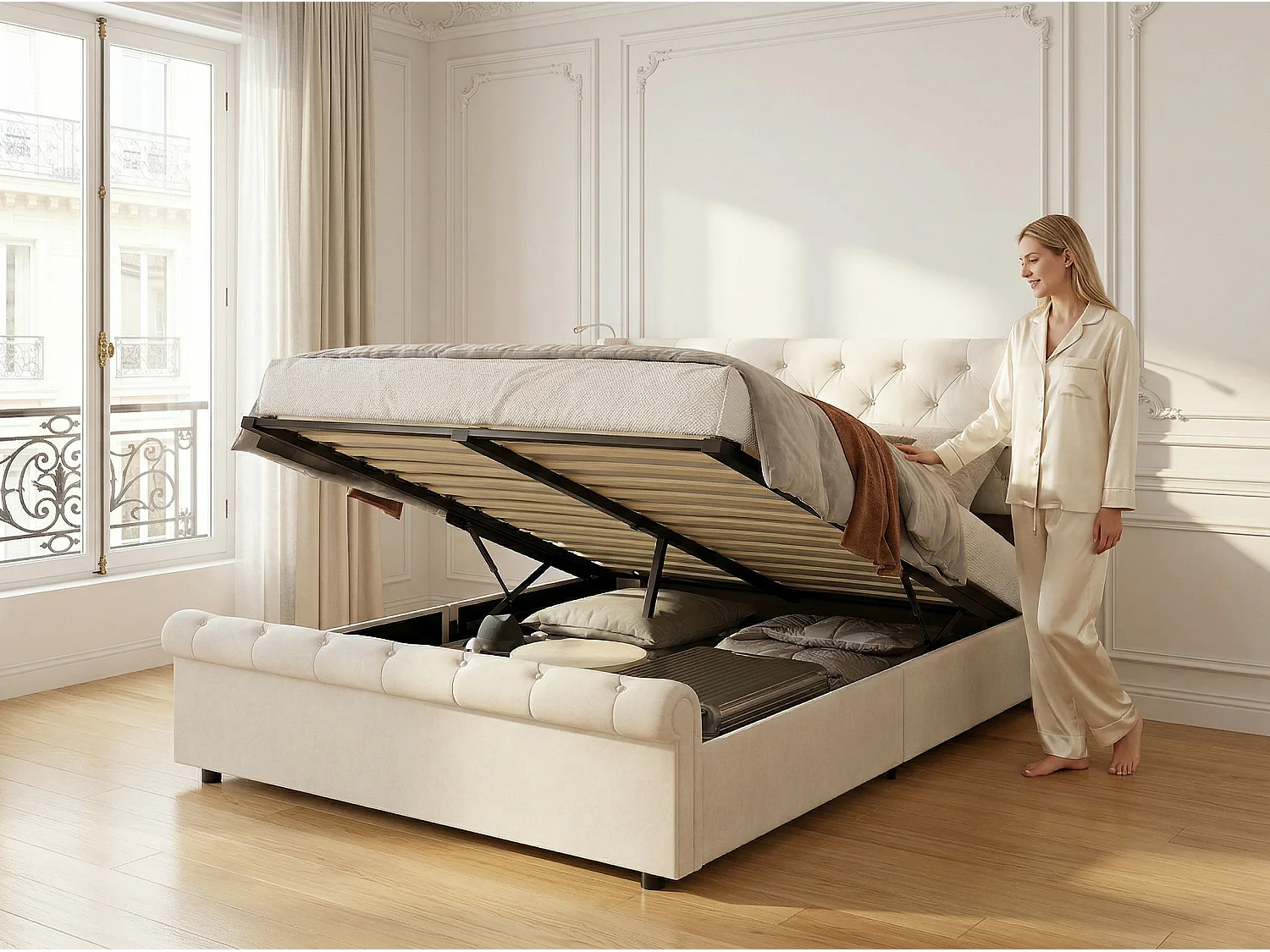 Lit coffre 160x200 cm avec tête de lit - Lampes LED - Velours beige - Port USB - Sommier à lattes et espace de rangement hydraulique