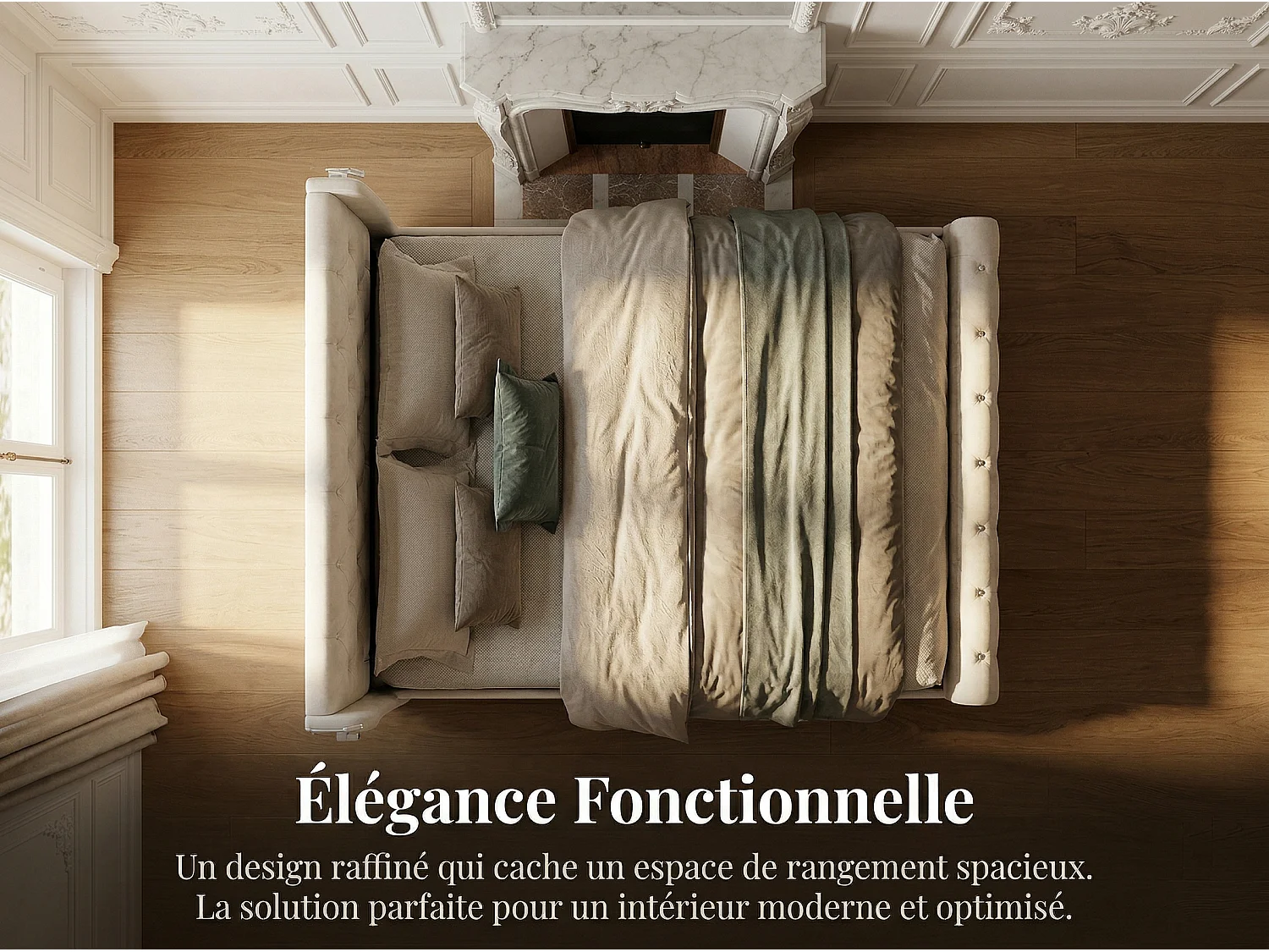 Lit coffre 160x200 cm avec tête de lit - Lampes LED - Velours beige - Port USB - Sommier à lattes et espace de rangement hydraulique