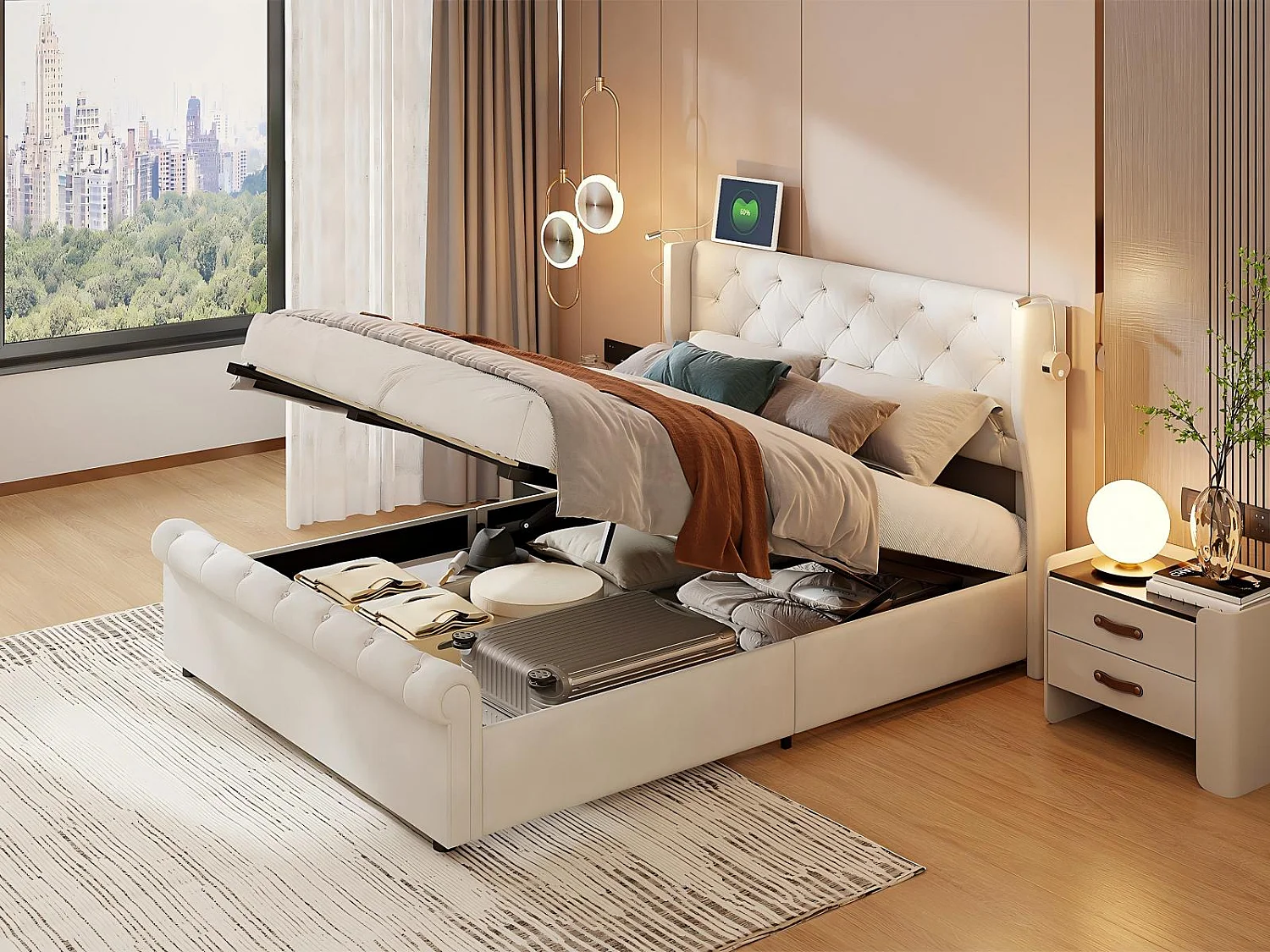 Lit coffre 140x190 cm avec lampes LED, lit en velours beige avec rangement hydraulique, tête de lit avec USB, sommier à lattes