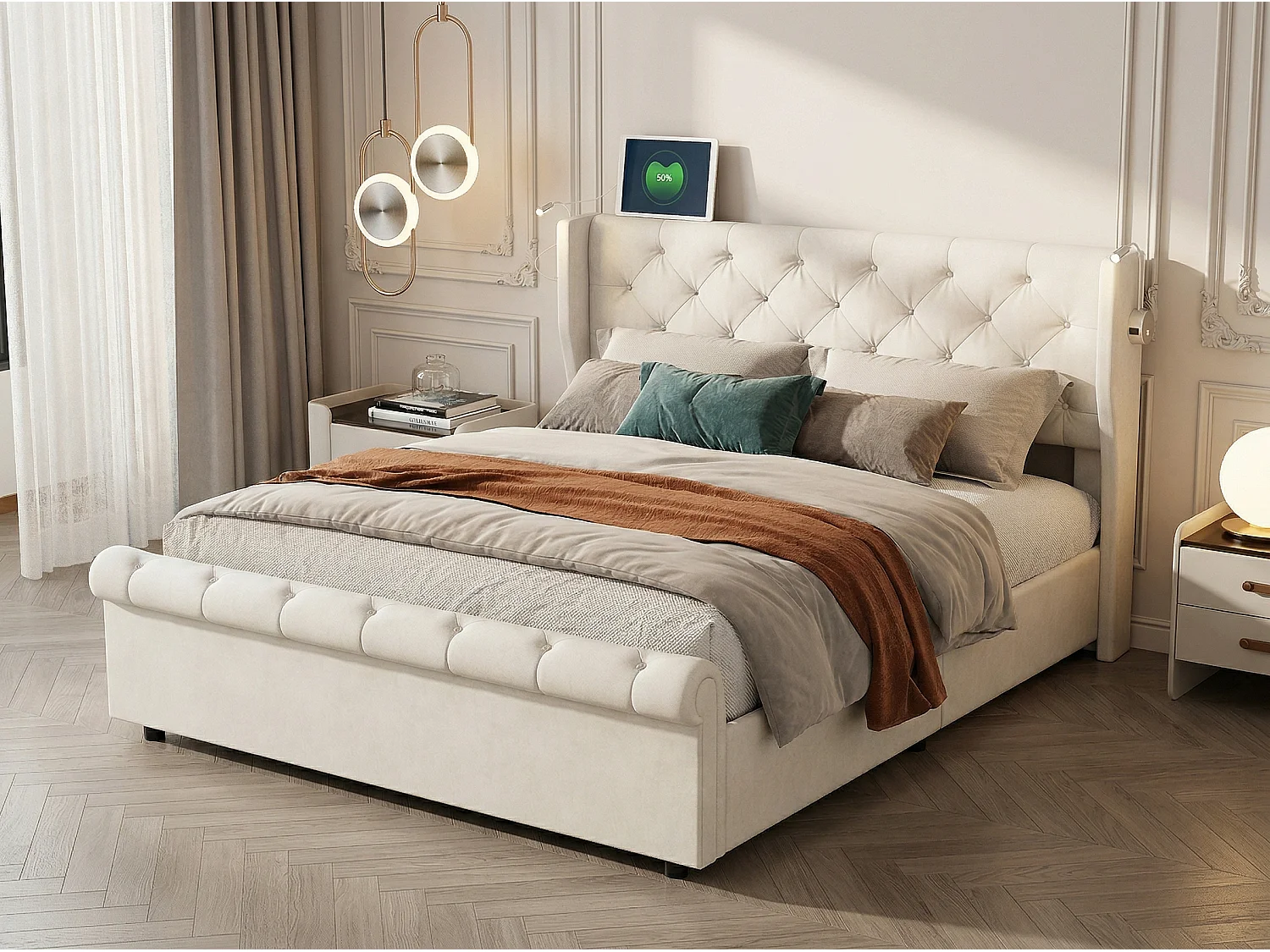 Lit coffre 140x190 cm avec lampes LED, lit en velours beige avec rangement hydraulique, tête de lit avec USB, sommier à lattes