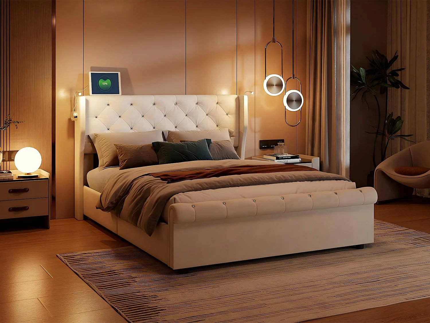 Lit coffre 140x190 cm avec tête de lit - Lampes LED - Velours beige - Port USB - Sommier à lattes et espace de rangement hydraulique