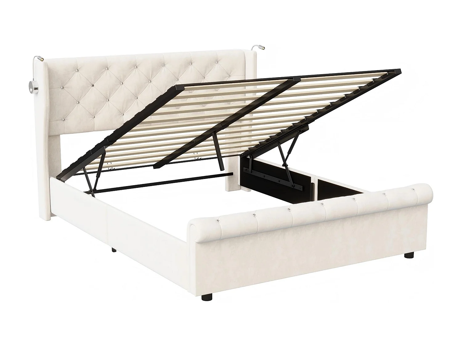 Lit coffre 140x190 cm avec tête de lit - Lampes LED - Velours beige - Port USB - Sommier à lattes et espace de rangement hydraulique