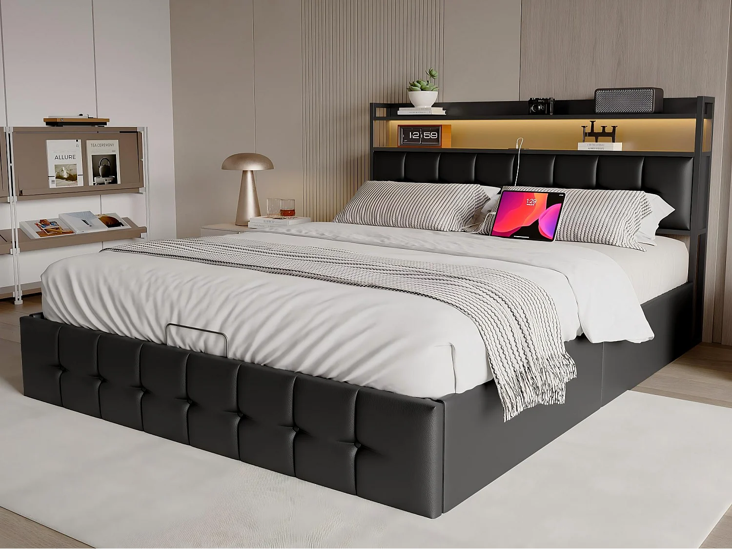 Lit coffre 140x190 cm LED RGB, lit PU noir avec rangement hydraulique, tête de lit avec prises et étagère