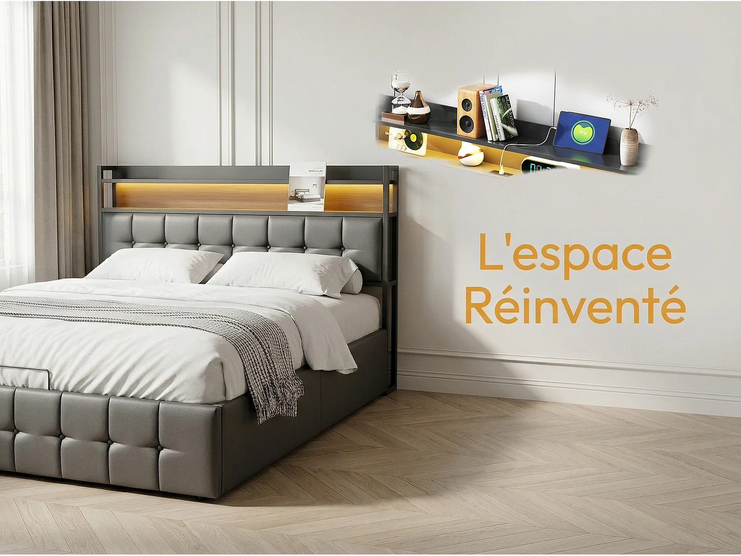 Lit coffre 140x190 cm LED RGB, lit PU noir avec rangement hydraulique, tête de lit avec prises et étagère