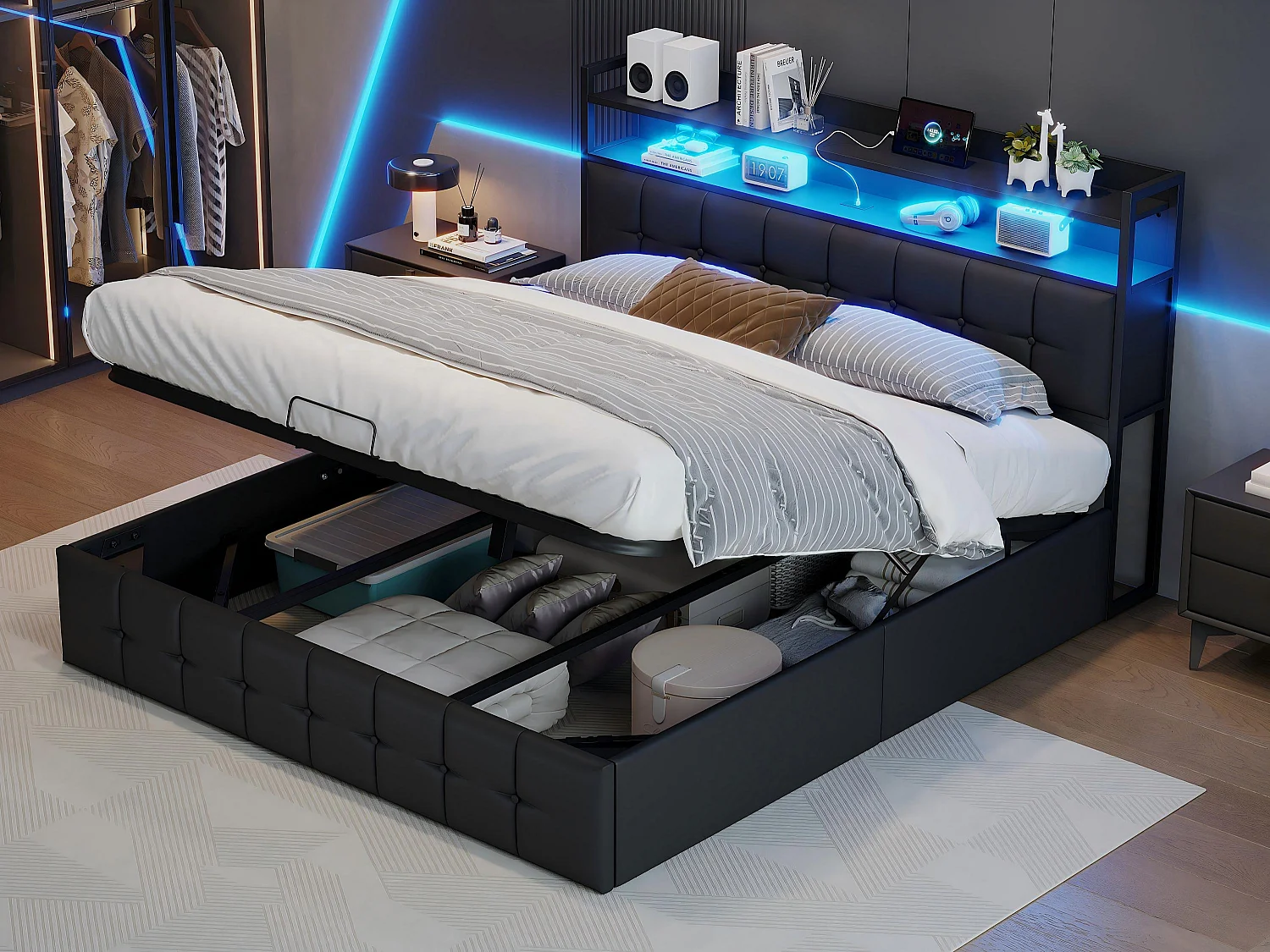 Lit coffre 140x190 cm LED RGB, lit PU noir avec rangement hydraulique, tête de lit avec prises et étagère