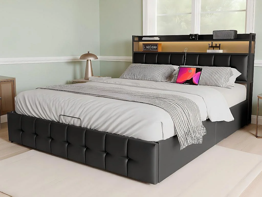 Lit coffre 140x190 cm LED RGB, lit PU noir avec rangement hydraulique, tête de lit avec prises et étagère
