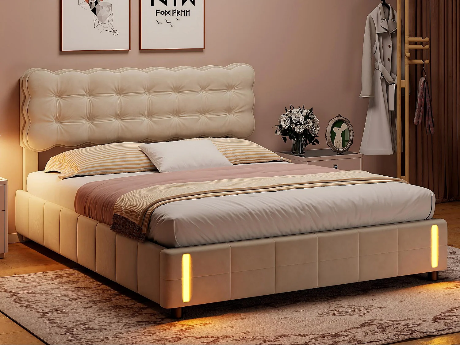 Lit coffre 140x190 cm avec tête de lit - LEDs RGB - Cuir PU noir - Prises et étagère - Sommier à lattes et espace de rangement hydraulique