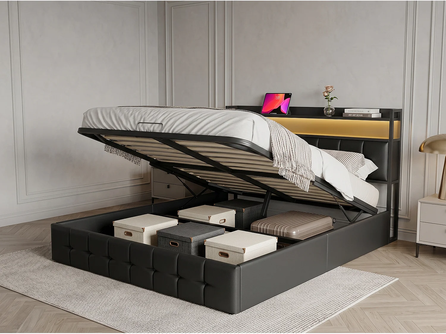 Lit coffre 140x190 cm avec tête de lit - LEDs RGB - Cuir PU noir - Prises et étagère - Sommier à lattes et espace de rangement hydraulique