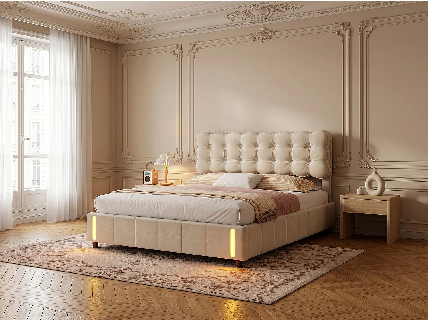 Lit coffre 140x200 cm avec tête de lit - Détecteur LED - Velours beige - Sommier à lattes et espace de rangement hydraulique