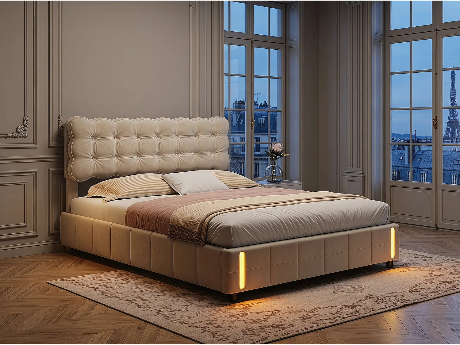 Lit coffre 140x200 cm avec tête de lit - Détecteur LED - Velours beige - Sommier à lattes et espace de rangement hydraulique