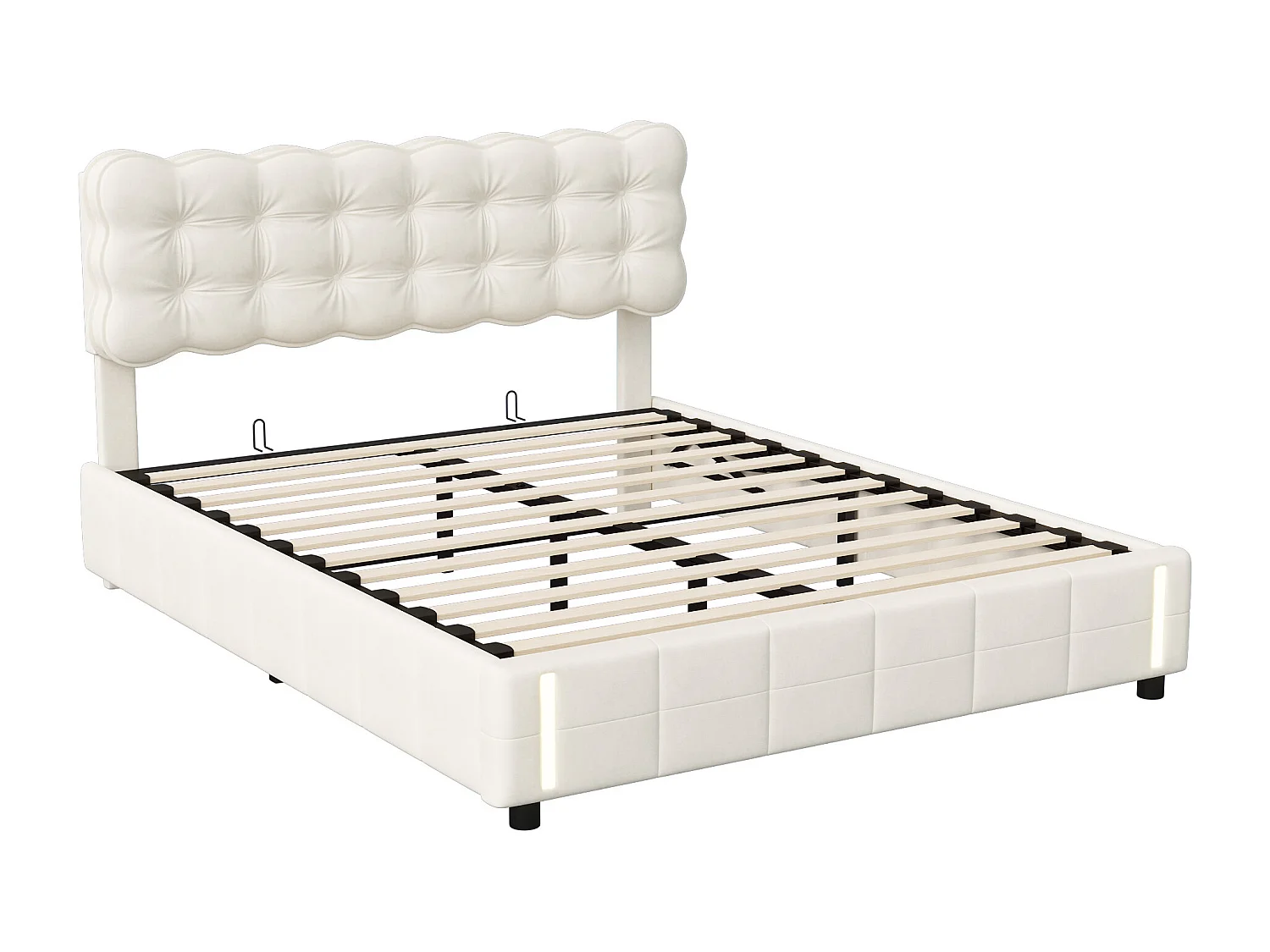Lit coffre 140x200 cm avec tête de lit - Détecteur LED - Velours beige - Sommier à lattes et espace de rangement hydraulique