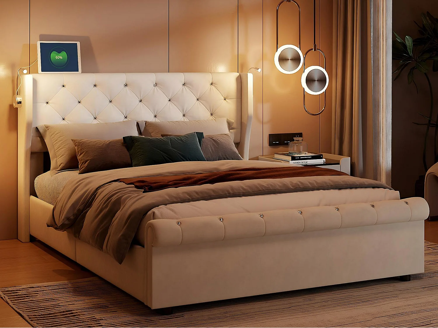 Lit coffre 140x190 cm velours, rembourrage épais, rangement hydraulique, structure anti-poussière