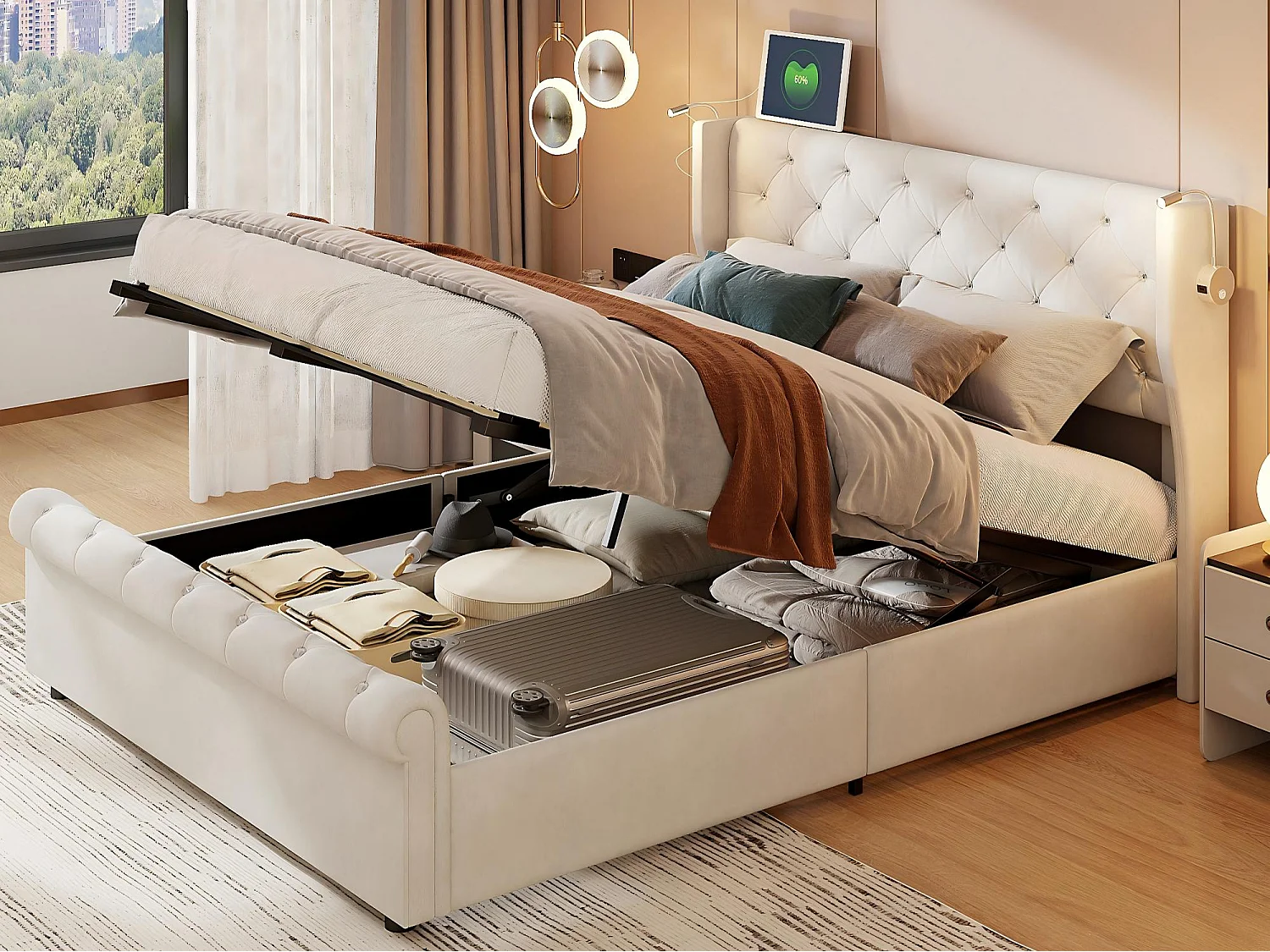 Lit coffre 140x190 cm velours, rembourrage épais, rangement hydraulique, structure anti-poussière