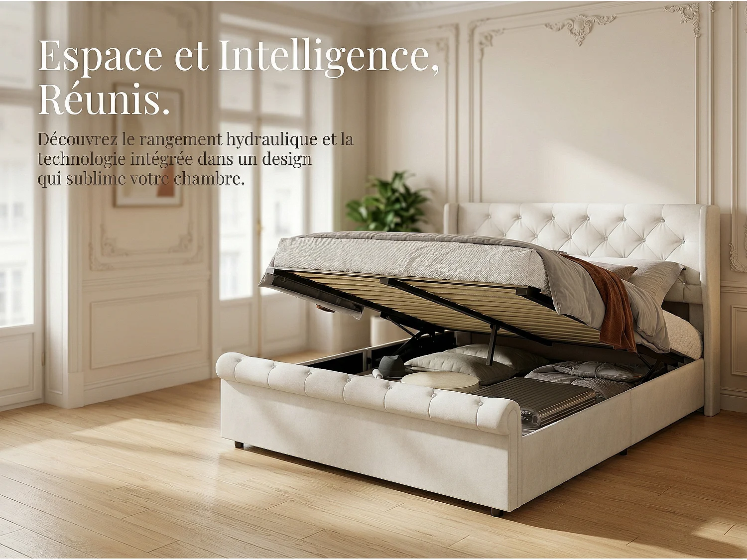 Lit coffre 140x190 cm avec tête de lit - Velours - Sommier à lattes et rangement hydraulique