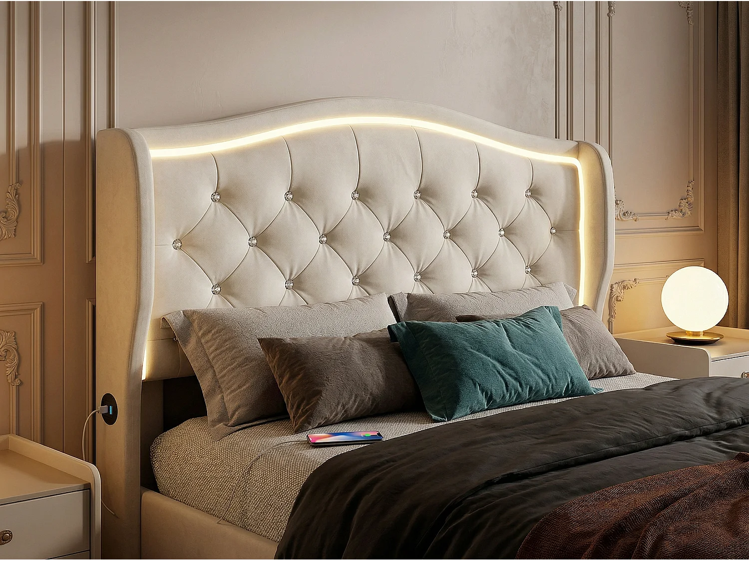 Lit coffre 140x190 cm avec tête de lit - Velours - Sommier à lattes et rangement hydraulique