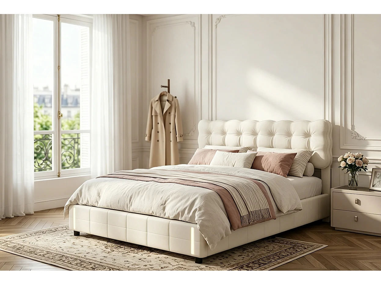 Lit coffre 160x200 cm avec tête de lit - Détecteur LED - Velours beige - Sommier à lattes et espace de rangement hydraulique