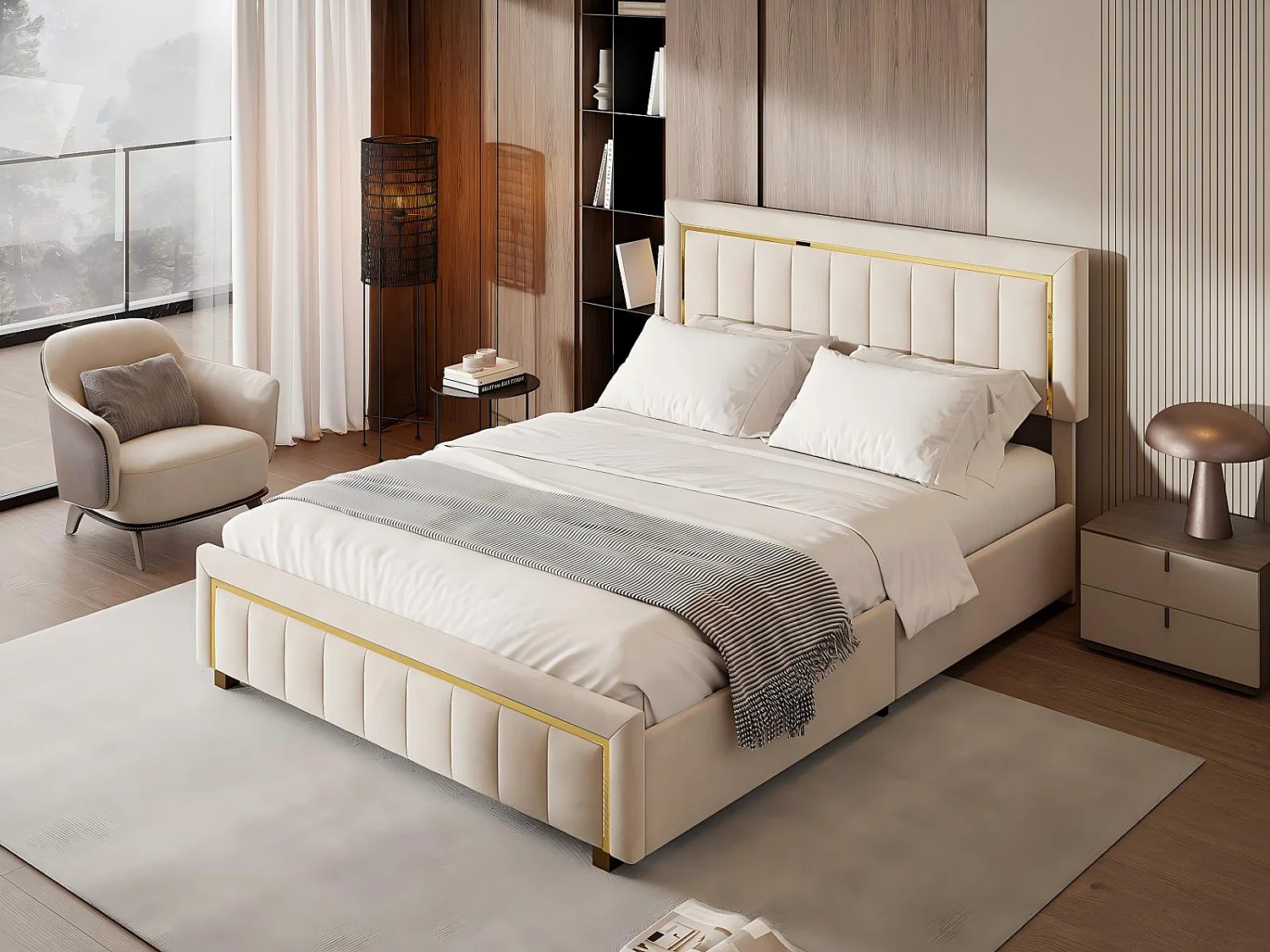 Lit coffre 140x190 cm velours, lit capitonné avec rangement hydraulique et finition dorée, cadre de lit avec sommier à lattes