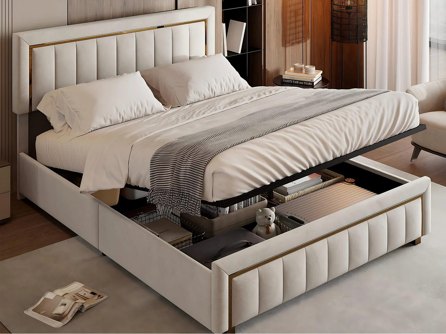 Lit coffre 140x190 cm velours, lit capitonné avec rangement hydraulique et finition dorée, cadre de lit avec sommier à lattes