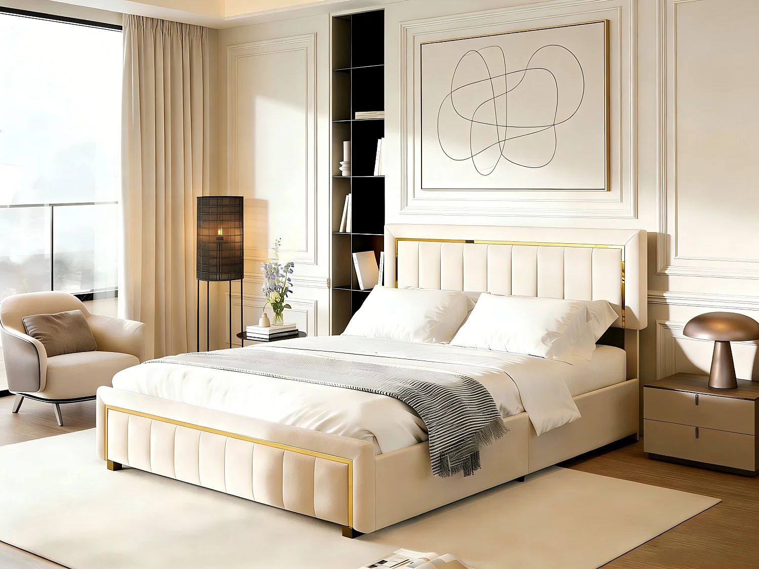 Lit coffre 140x190 cm velours, lit capitonné avec rangement hydraulique et finition dorée, cadre de lit avec sommier à lattes