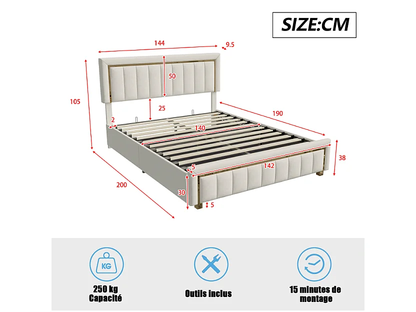 Lit coffre 140x190 cm avec tête de lit capitonnée - Velours - Finition dorée - Sommier à lattes et espace de rangement hydraulique