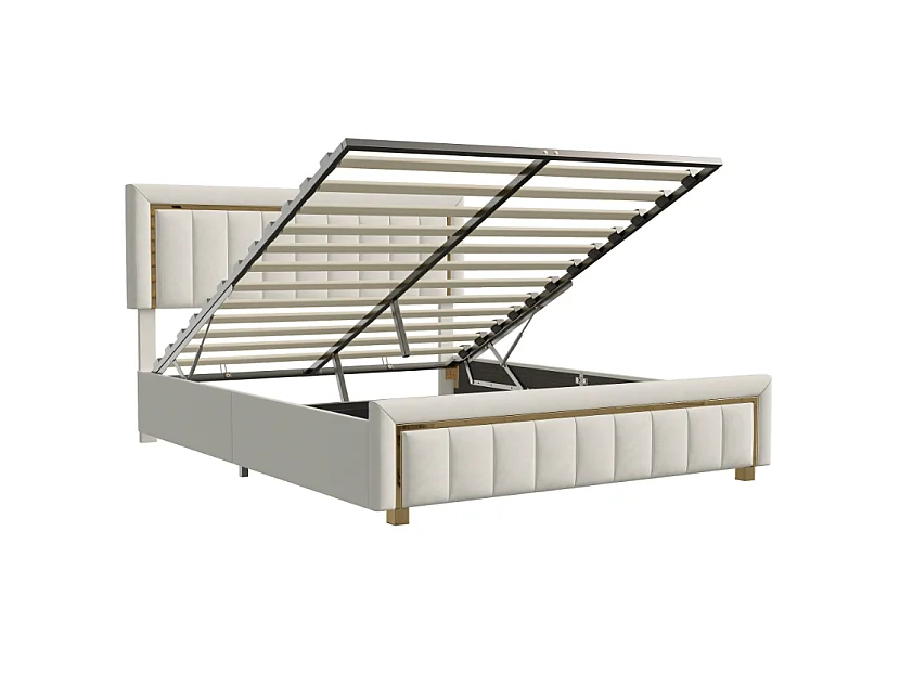 Lit coffre 140x190 cm avec tête de lit capitonnée - Velours - Finition dorée - Sommier à lattes et espace de rangement hydraulique