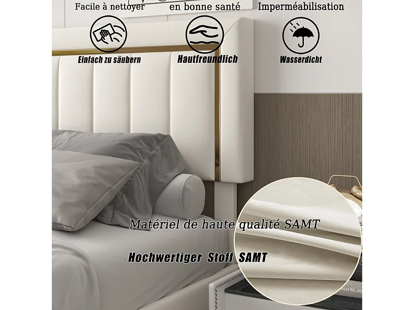 Lit coffre 140x190 cm avec tête de lit capitonnée - Velours - Finition dorée - Sommier à lattes et espace de rangement hydraulique