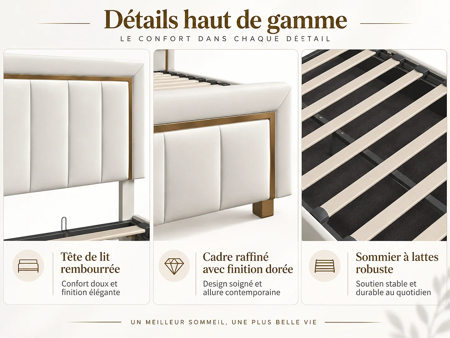 Lit coffre 140x190 cm avec tête de lit capitonnée - Velours - Finition dorée - Sommier à lattes et espace de rangement hydraulique