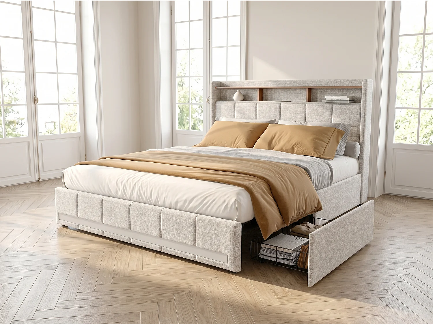 Lit coffre 140 x 200 cm avec tête de lit - Prises USB et LEDs - Cuir PU - Sommier à lattes - r(sans matelas)