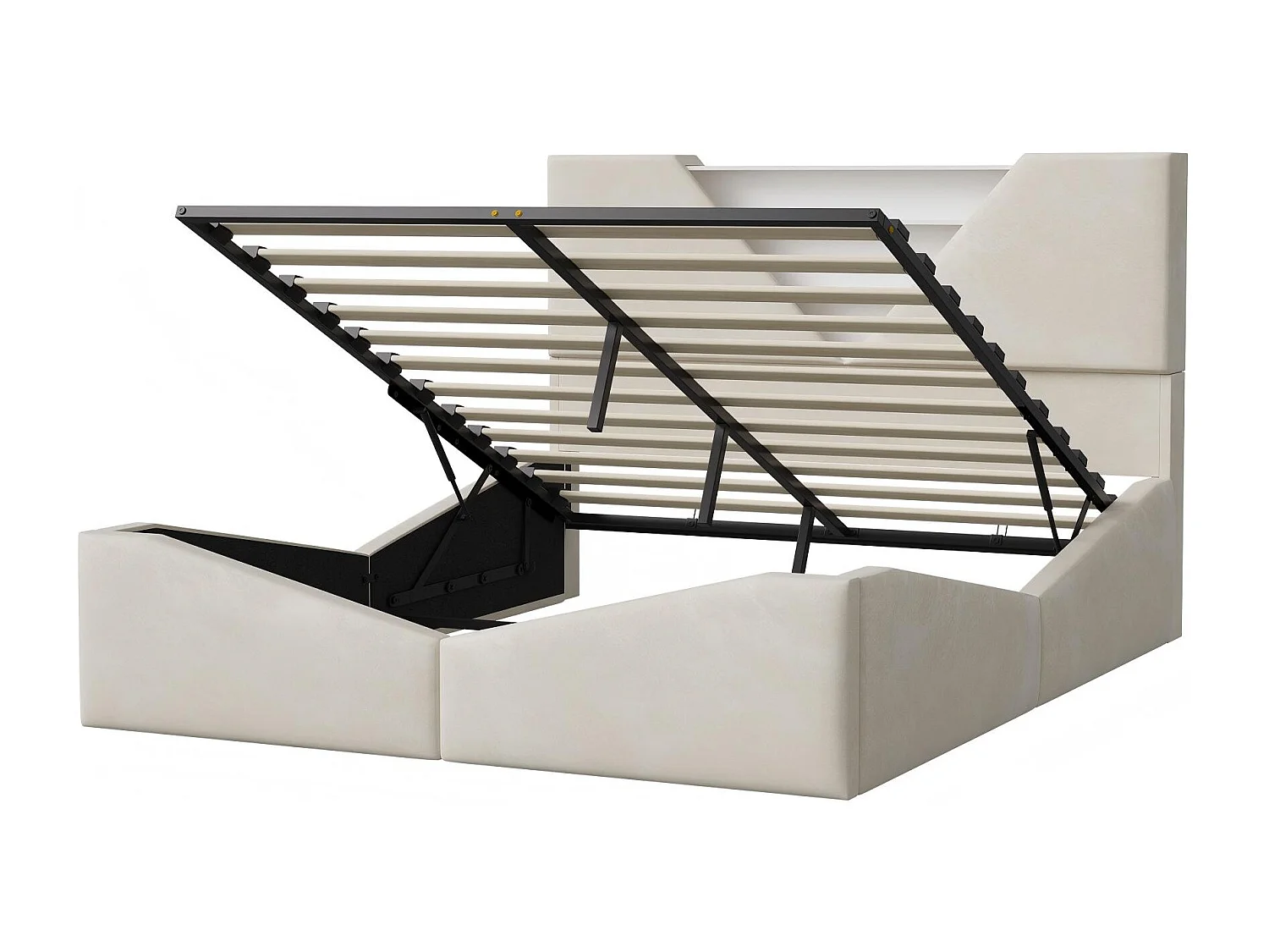 Lit coffre 140x190 cm LED, lit design avec tête de lit triangulaire, rangement intégré et recharge sans fil, sommier à lattes