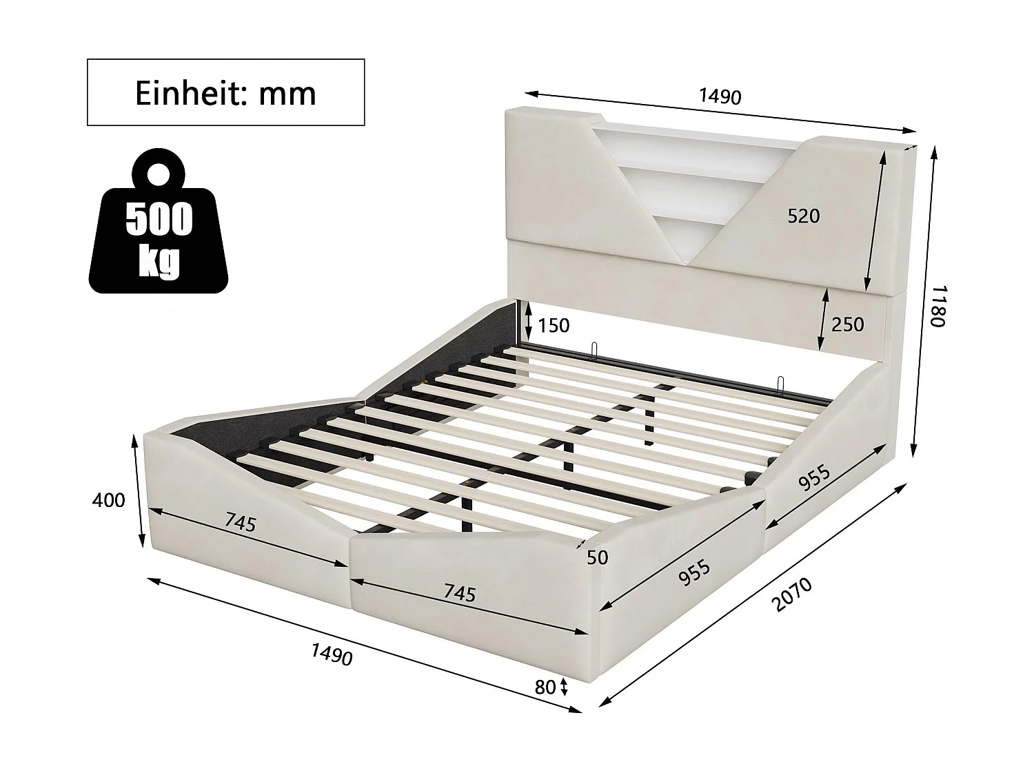 Lit coffre 140x190 cm LED, lit design avec tête de lit triangulaire, rangement intégré et recharge sans fil, sommier à lattes