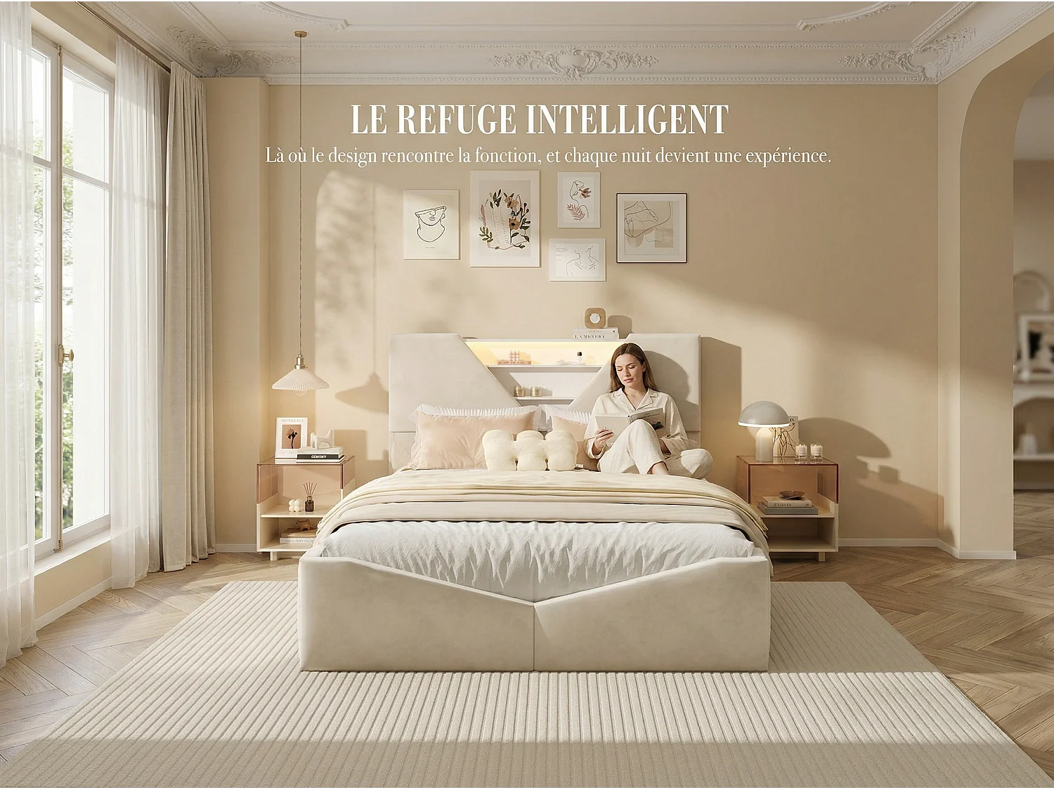 Lit coffre 140x190 cm LED, lit design avec tête de lit triangulaire, rangement intégré et recharge sans fil, sommier à lattes