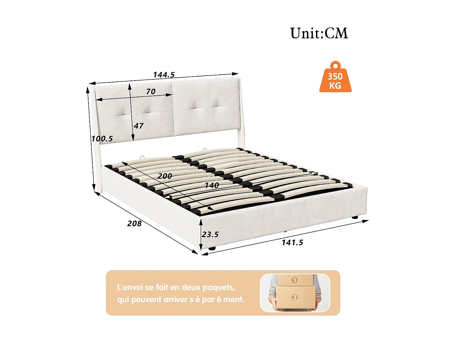 Lit coffre 160x200 cm avec tête de lit - LEDs - Tissu lin beige tapissé - Poches de rangement - Sommier à lattes et espace de rangement hydraulique